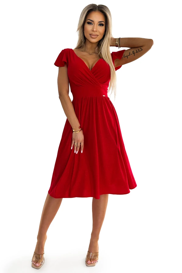 MATILDE Dress with a neckline and short sleeves - red with glitter