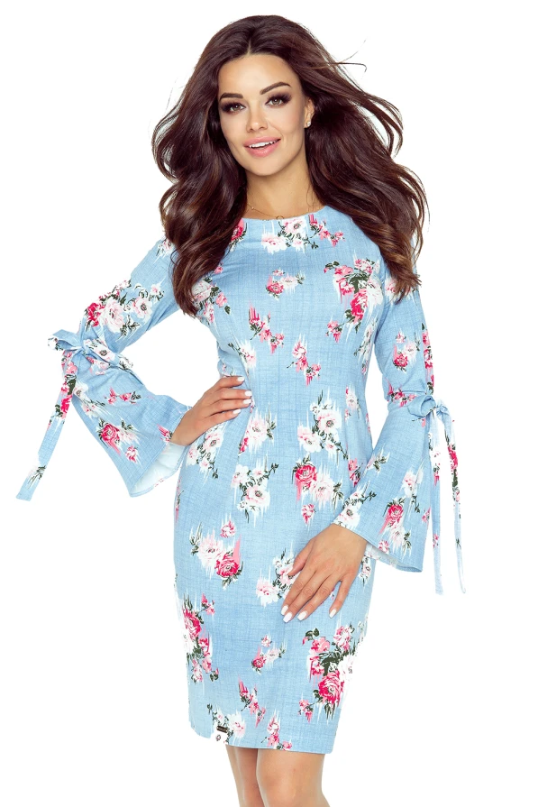 428-1 Dress with flared tied sleeves - little roses on jeans