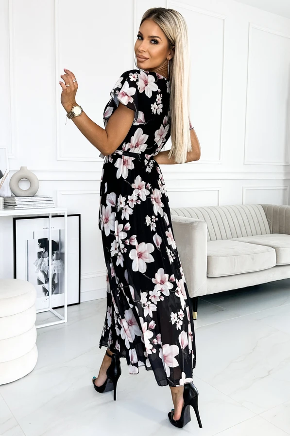 434-1 LISA Pleated midi dress with a neckline and frills - peach blossom on a black background