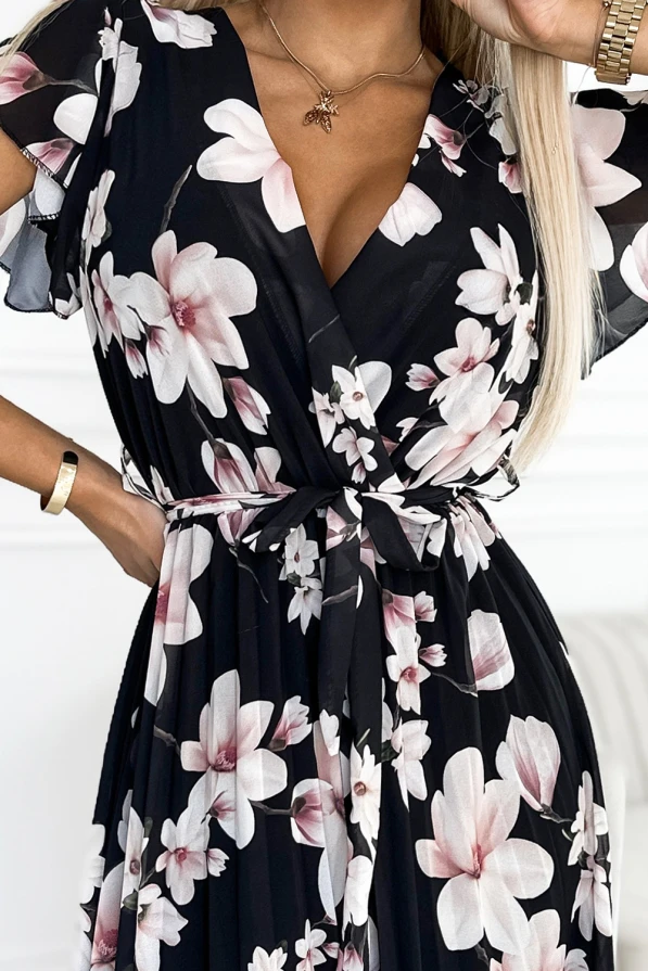 434-1 LISA Pleated midi dress with a neckline and frills - peach blossom on a black background