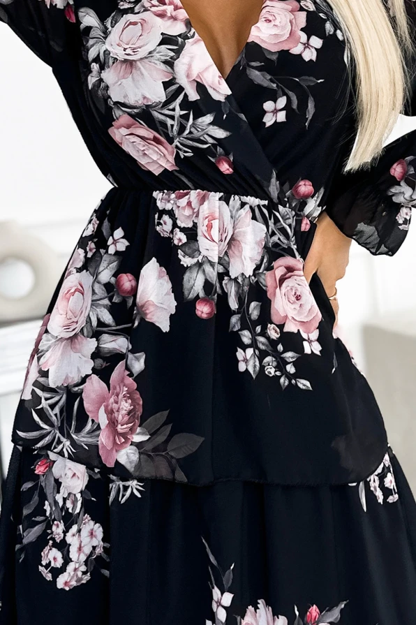 435-1 MARTINA Midi dress with a neckline and three frills - roses on a black background