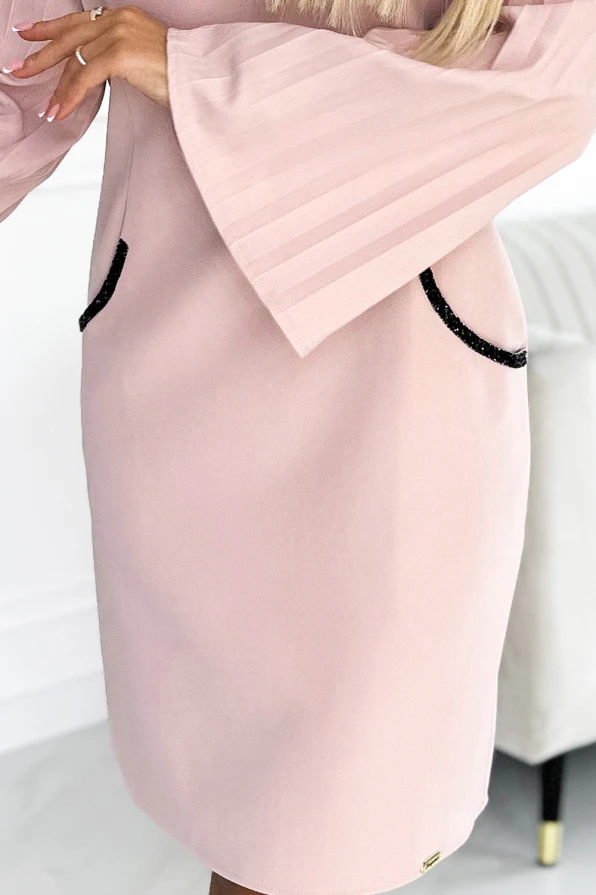 438-2 Dress with pleated sleeves and pockets - powder pink