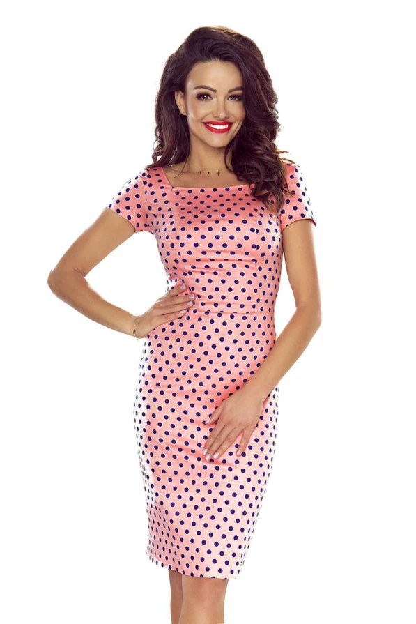 440-2 Elegant cotton dress with short sleeves - pink with navy blue polka dots