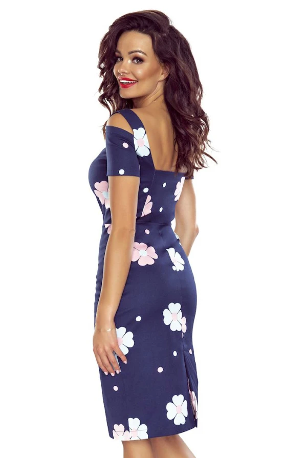 440-3 Elegant dress with short sleeves - dark blue with flowers