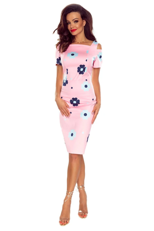440-4 Elegant dress with short sleeves - pink with flowers