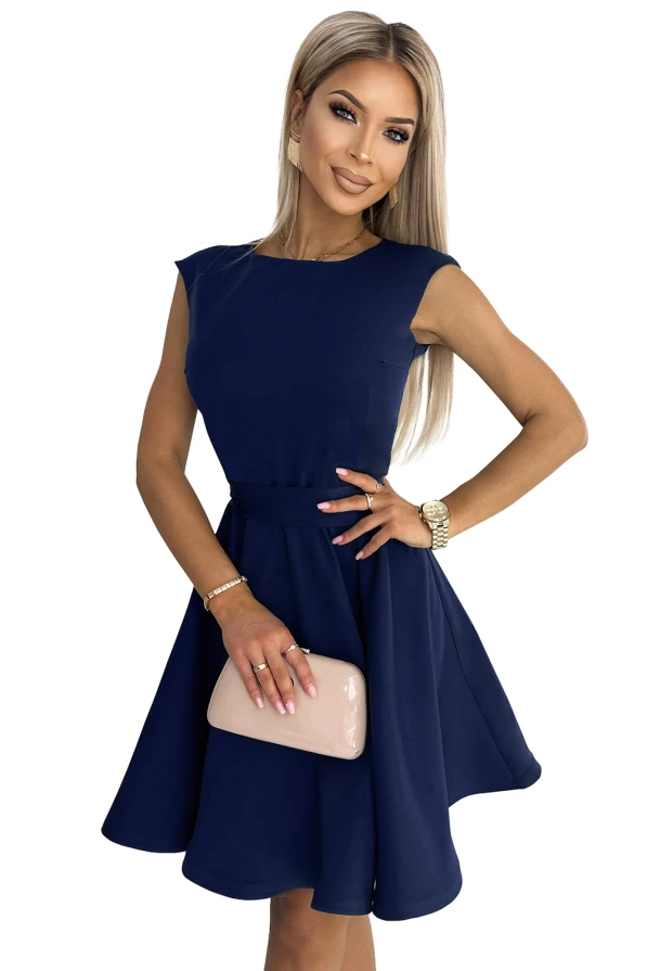 442-3 Flared dress with small sleeves - navy blue