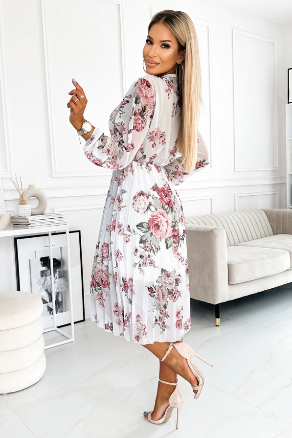 449-1 CARLA Pleated midi dress with buttons and long sleeves - roses on a white background