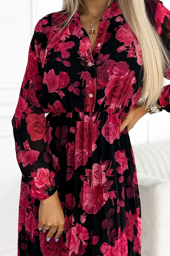 449-2 CARLA Pleated midi dress with buttons and long sleeves - black with red roses