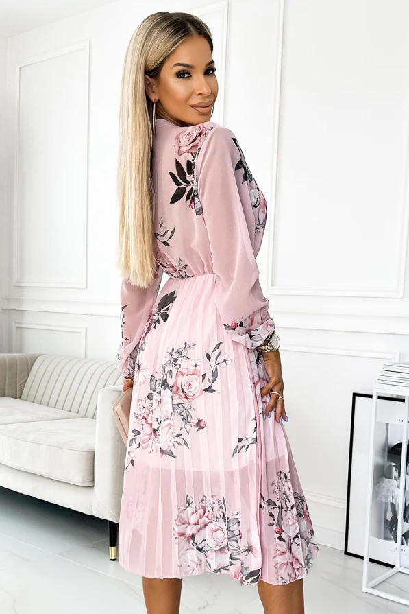 449-4 CARLA Pleated midi dress with buttons and long sleeves - roses on a pastel pink background