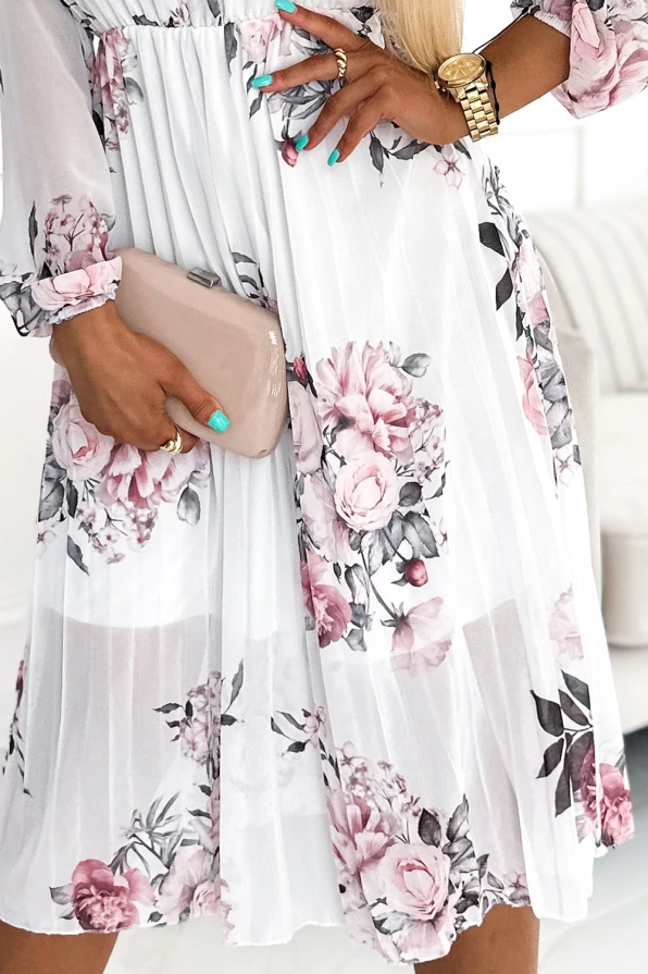 449-6 CARLA Pleated midi dress with buttons and long sleeves - roses on a white background