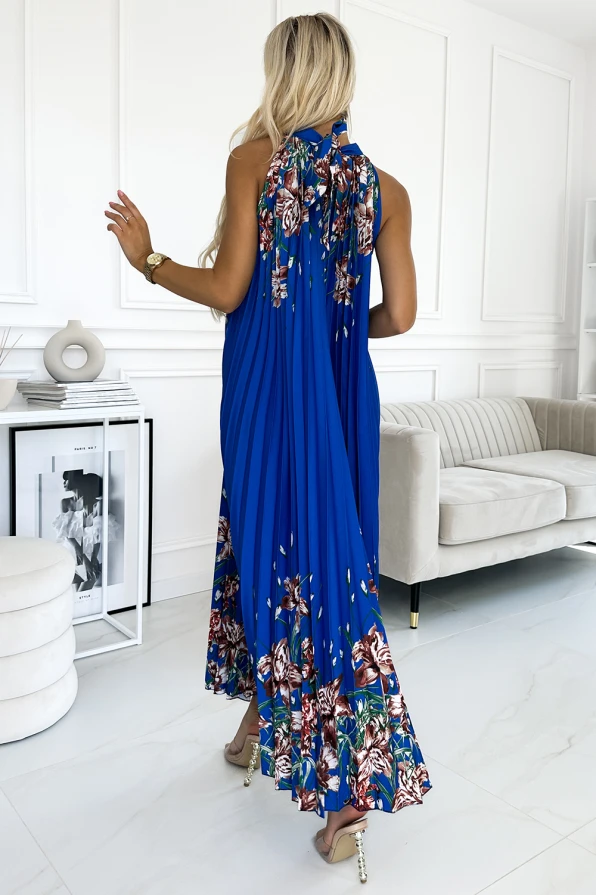 456-1 ESTER Pleated satin maxi dress - blue with flowers