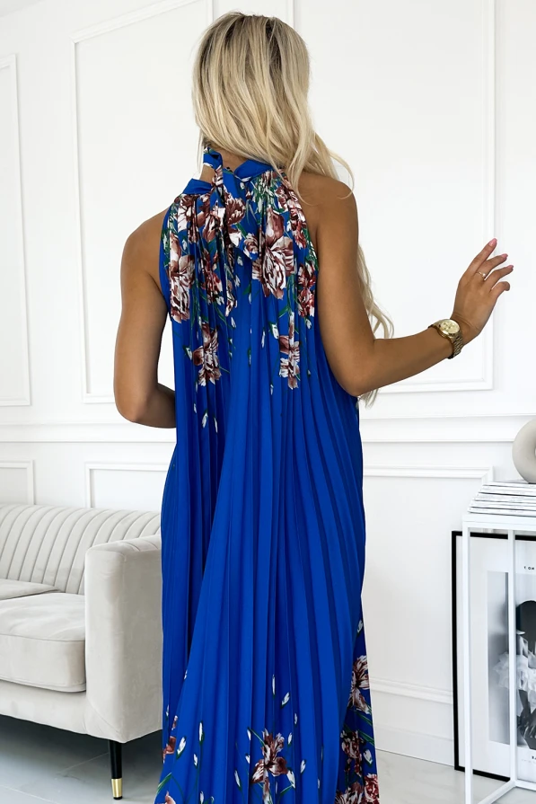 456-1 ESTER Pleated satin maxi dress - blue with flowers