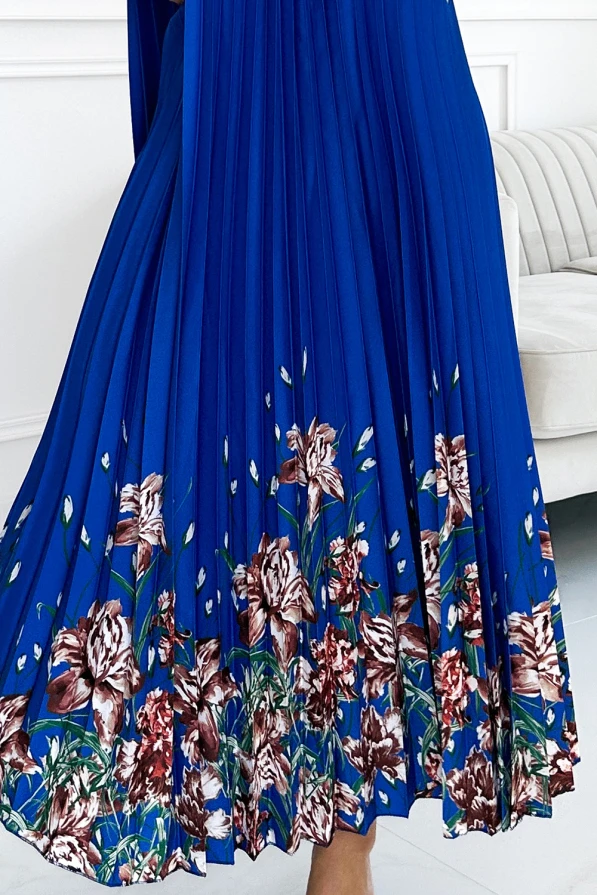 456-1 ESTER Pleated satin maxi dress - blue with flowers