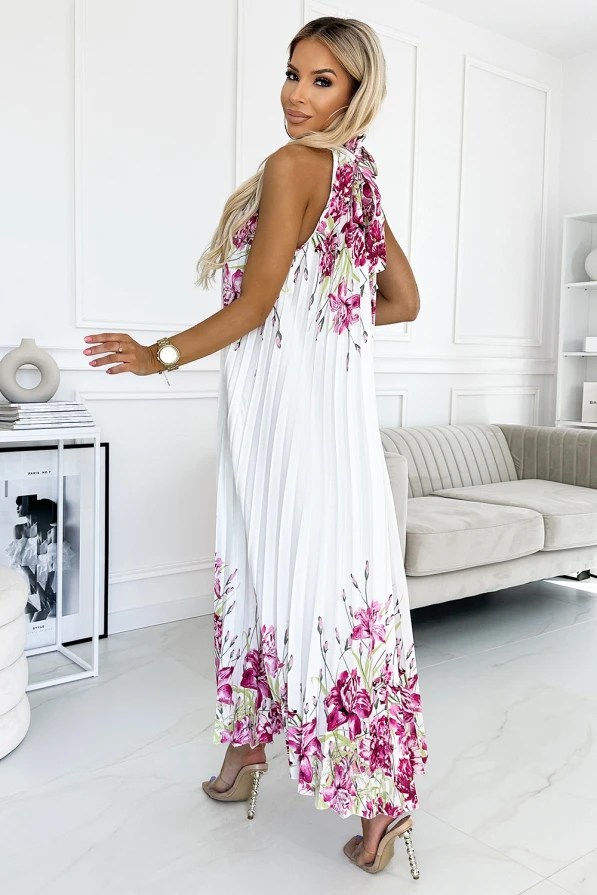 456-2 ESTER Pleated satin maxi dress - white with pink flowers