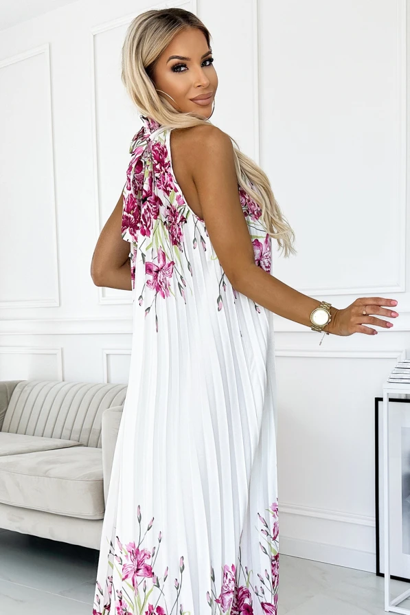 456-2 ESTER Pleated satin maxi dress - white with pink flowers