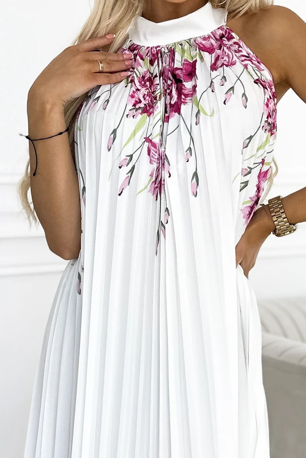 456-2 ESTER Pleated satin maxi dress - white with pink flowers