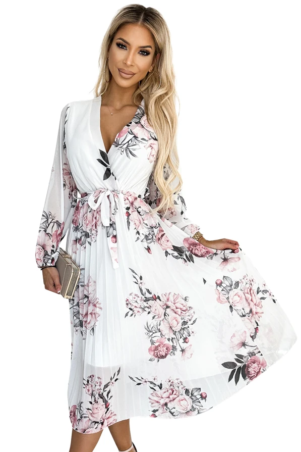 458-2 GEPPI Pleated midi dress with a neckline, long sleeves and a belt - white with roses