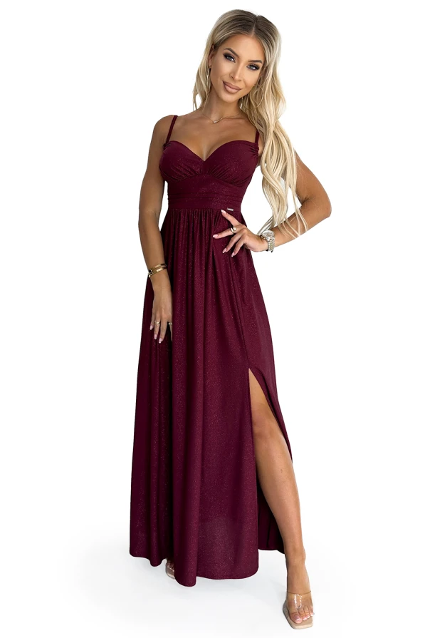 460-2 JOVITE brocade long dress on straps with a slit to the leg - Burgundy color