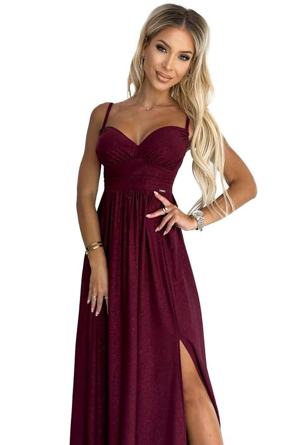 460-2 JOVITE brocade long dress on straps with a slit to the leg - Burgundy color