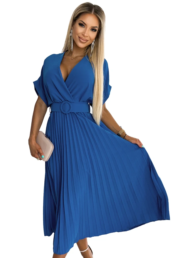 471-3 FELICIA Pleated midi dress with a neckline and a wide belt - denim color