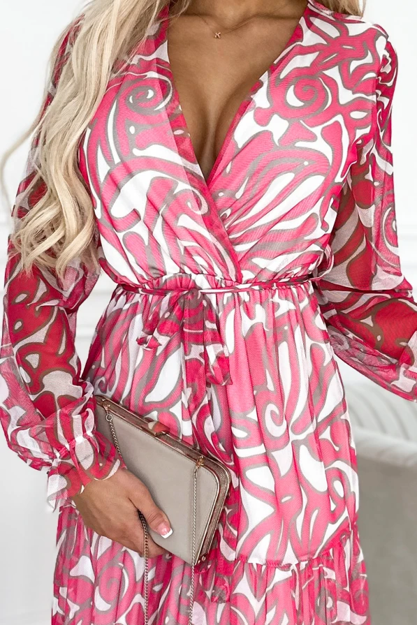 476-1 ENRICA Dress with a neckline and long sleeves - PINK WAVES - mesh
