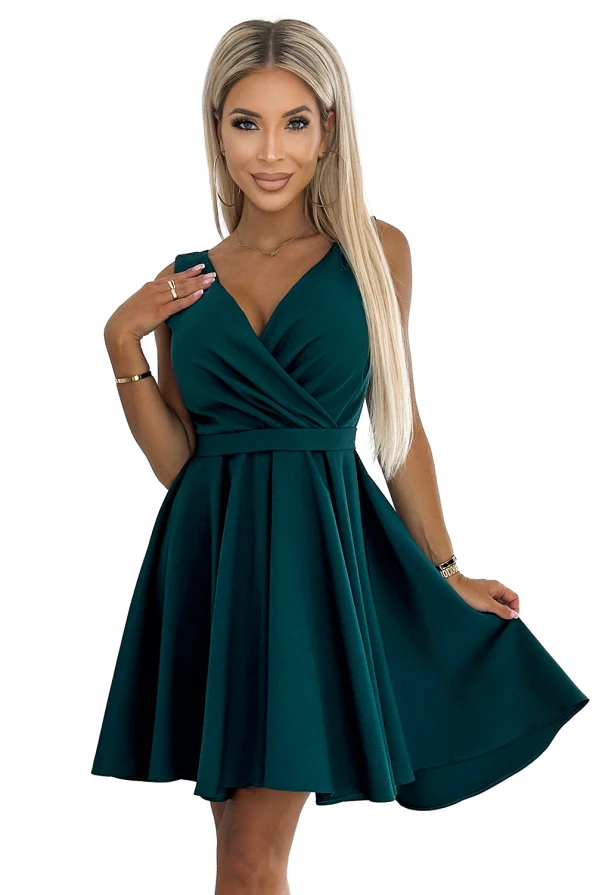 478-3 MAYA Dress with longer back, neckline and belt - green