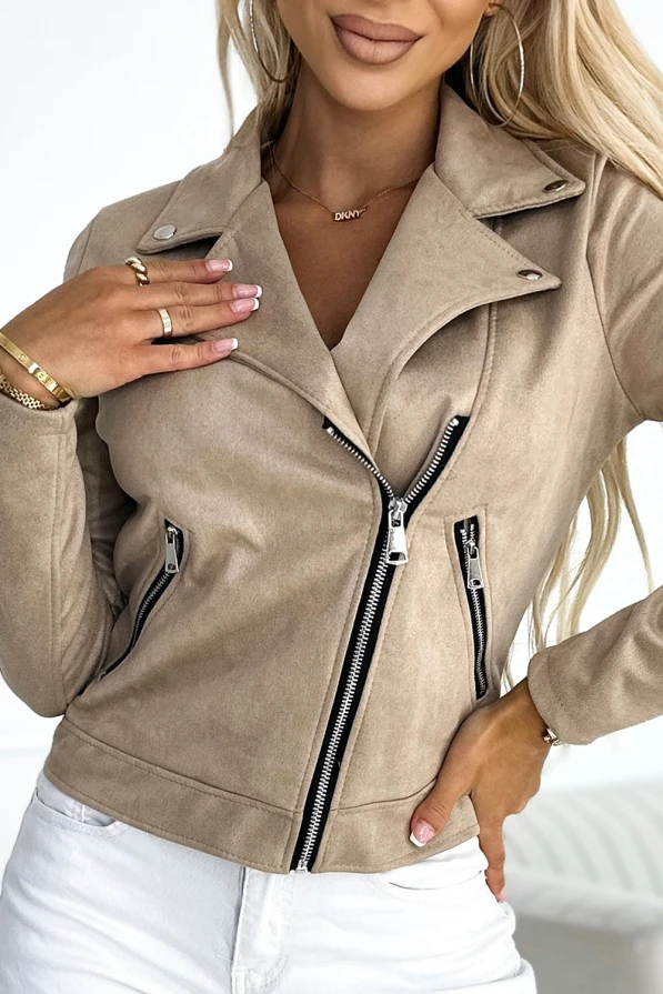 481-1 Long-sleeved suede jacket with zippers - beige