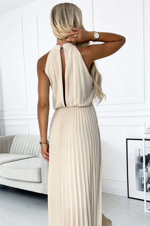 484-1 Pleated midi dress with a teardrop neckline - beige