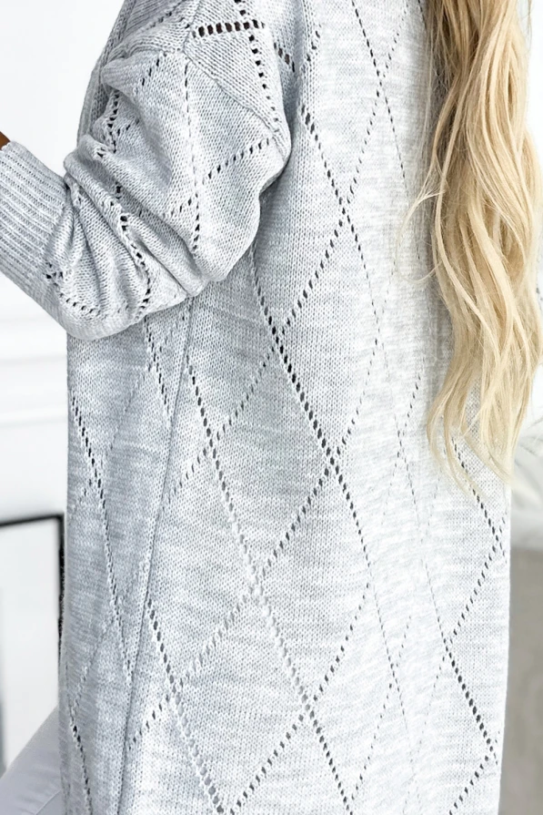 486-1 Cardigan - sweater cape with a longer back in openwork diamonds - gray