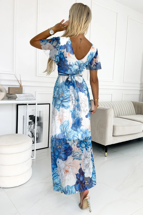 489-2 CINZIA Dress with a neckline, long waist tie and short sleeves - blue large flowers - mesh