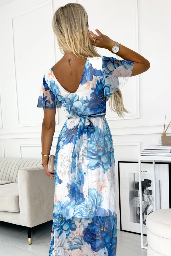 489-2 CINZIA Dress with a neckline, long waist tie and short sleeves - blue large flowers - mesh