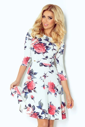 Globed dress with 3/4 sleeve - flowers - Blue 49-13