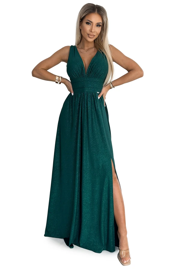 490-3 SUSAN Long brocade dress with a neckline and stitching at the waist - green
