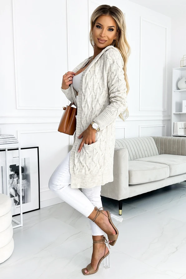 491-1 Cardigan - cape with a hood and pockets - beige braid