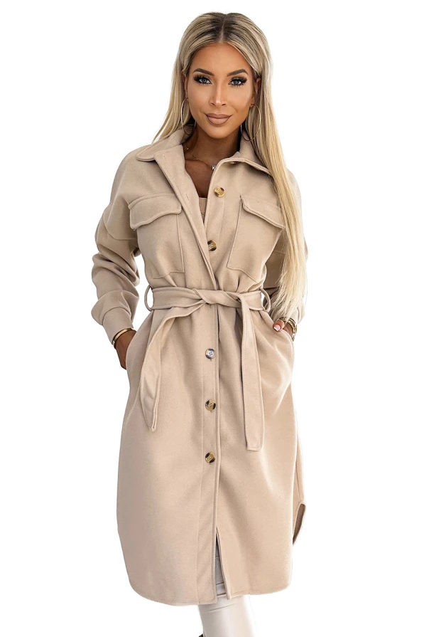 493-1 Warm coat with pockets, buttons and tie at the waist - beige