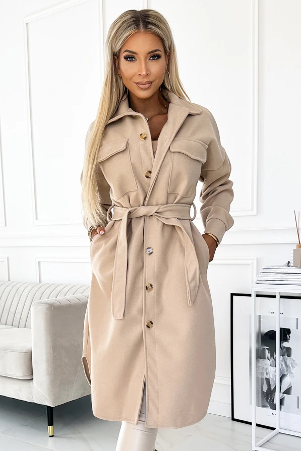 493-1 Warm coat with pockets, buttons and tie at the waist - beige