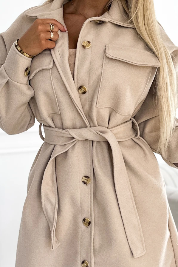 493-1 Warm coat with pockets, buttons and tie at the waist - beige