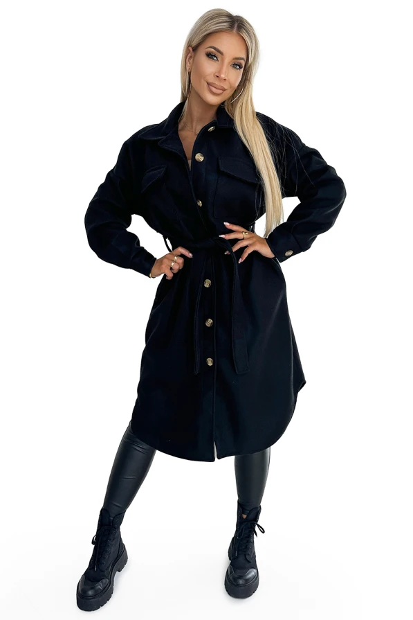 493-2 Warm coat with pockets, buttons and tie at the waist - black