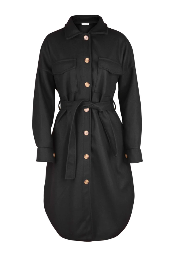 493-2 Warm coat with pockets, buttons and tie at the waist - black