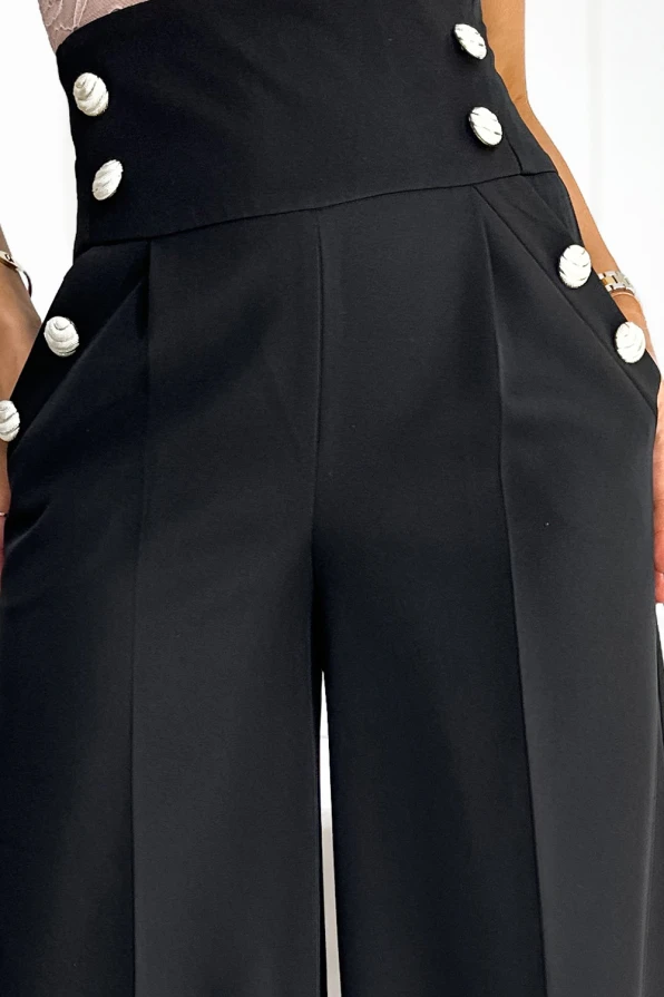 496-1 Elegant wide pants with high waist and golden buttons - black