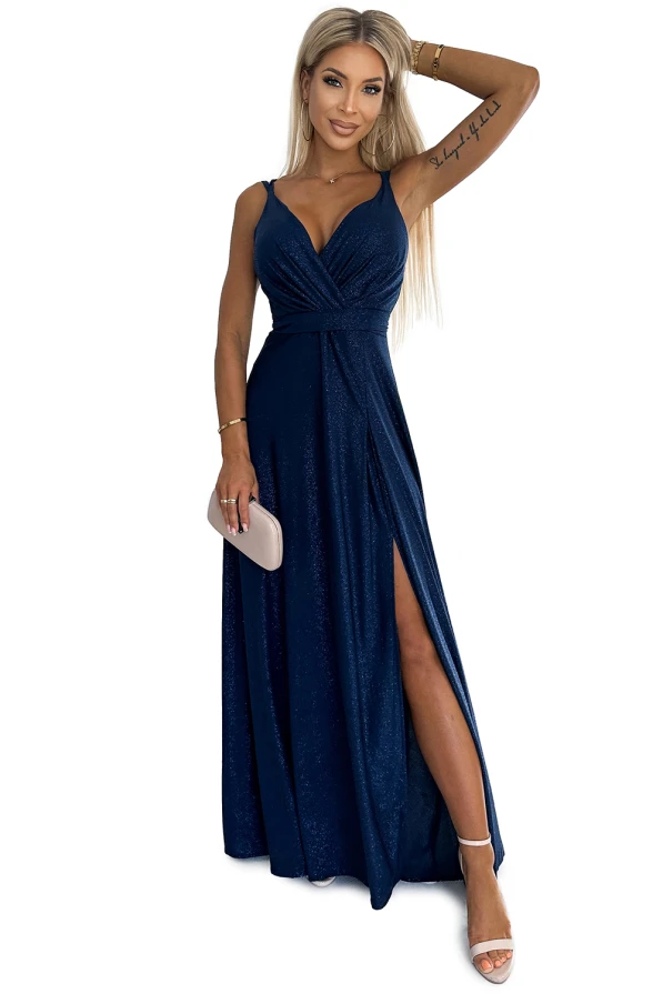 498-1 Long dress with a neckline and double straps - navy blue with glitter
