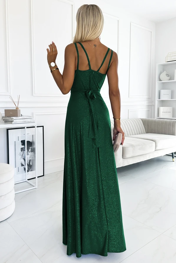 498-2 Long dress with a neckline and double straps - green with glitter