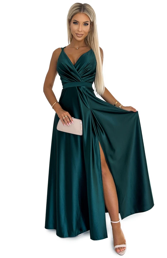 498-3 Long satin dress with a neckline and double straps - green