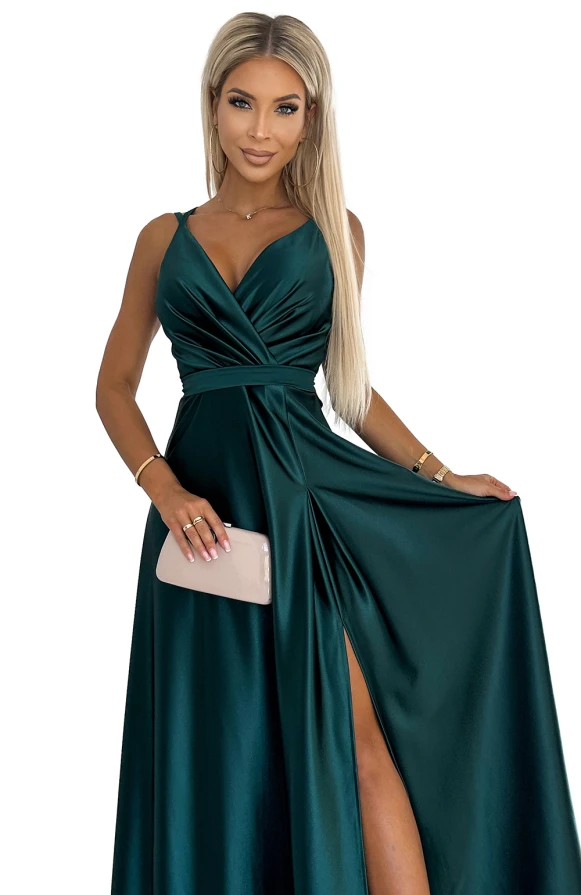 498-3 Long satin dress with a neckline and double straps - green