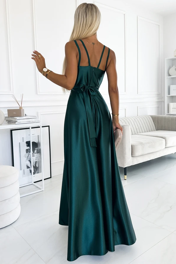 498-3 Long satin dress with a neckline and double straps - green