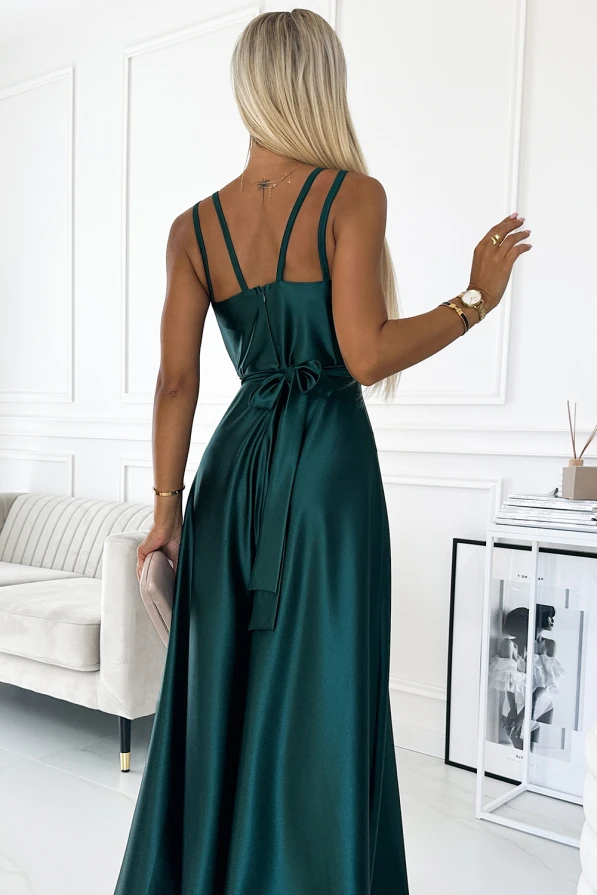 498-3 Long satin dress with a neckline and double straps - green