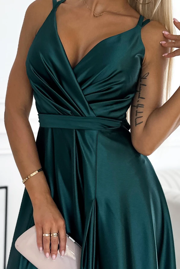 498-3 Long satin dress with a neckline and double straps - green