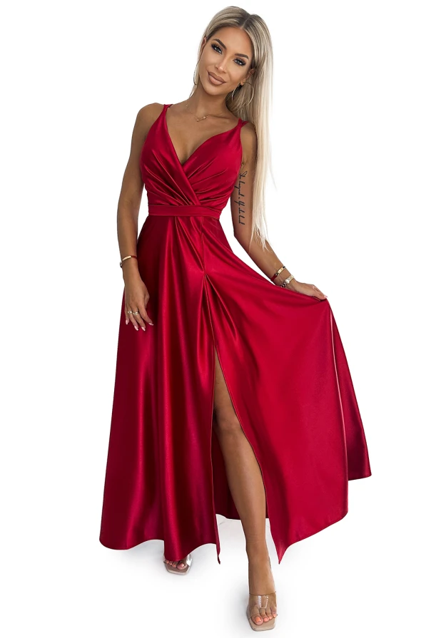 498-4 Long satin dress with a neckline and double straps - red