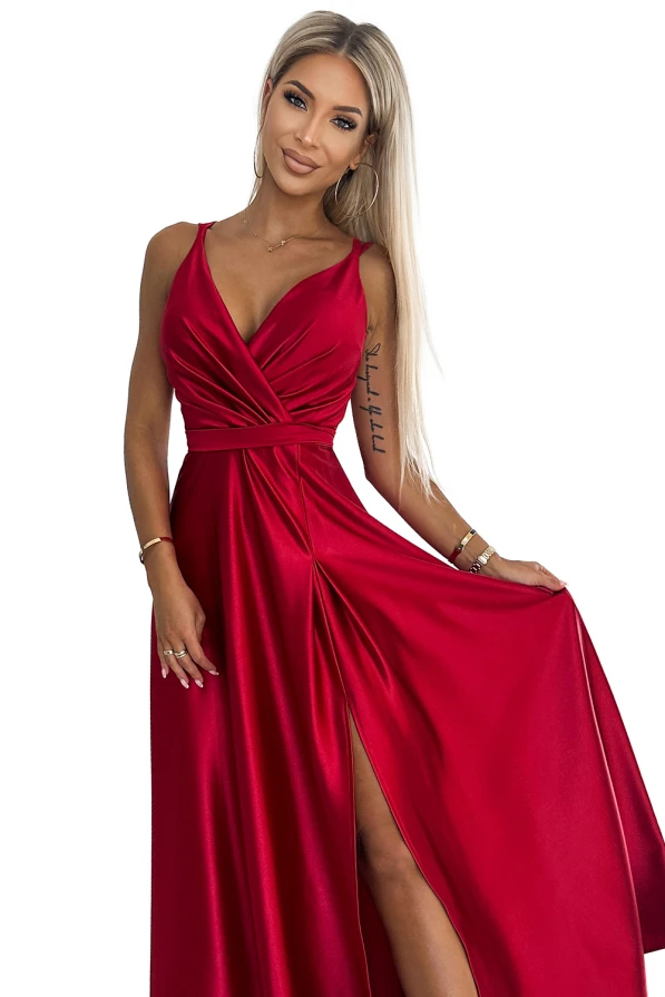 498-4 Long satin dress with a neckline and double straps - red