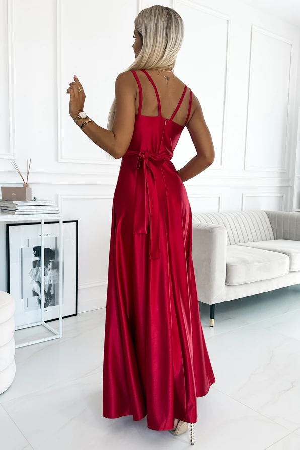 498-4 Long satin dress with a neckline and double straps - red